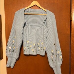 Cider Light Blue V-Neck Sweater with Floral Embroidery